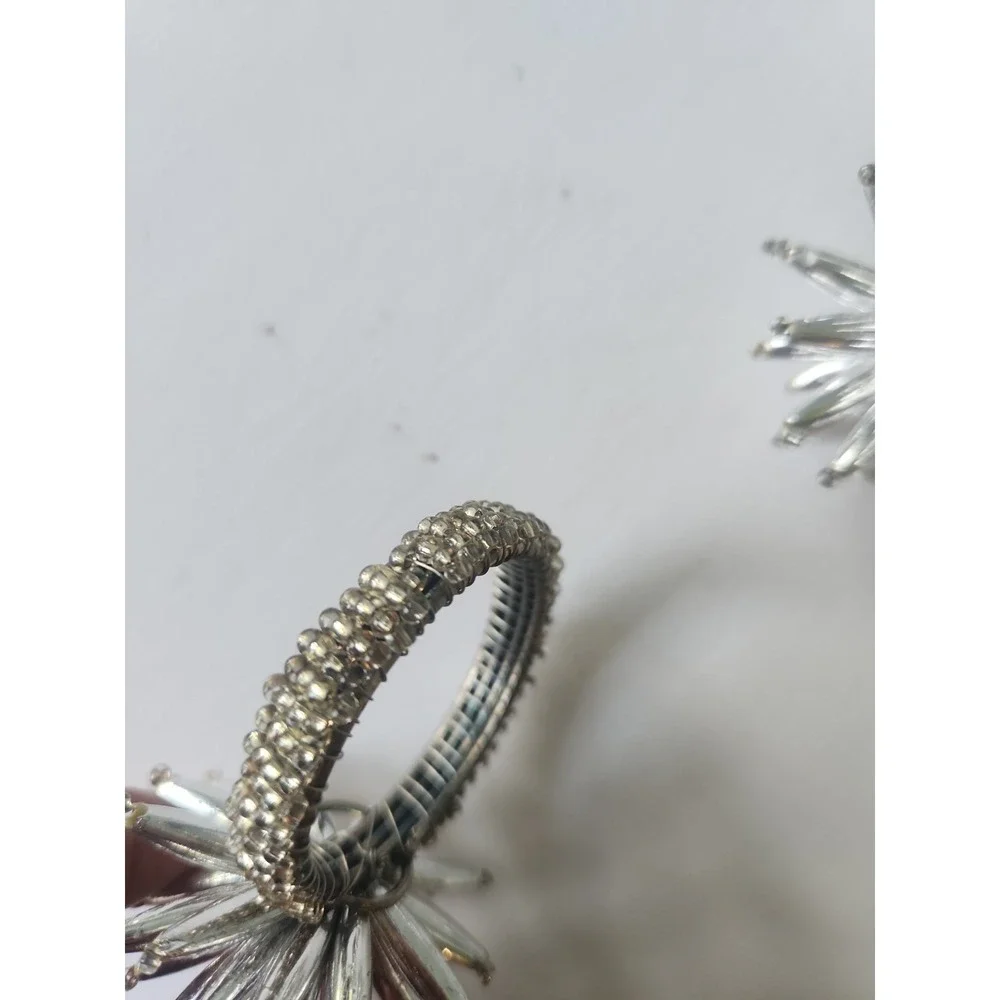 Set of 8 Beaded Starburst Napkin Rings Silver White Floral Burst Table Decor